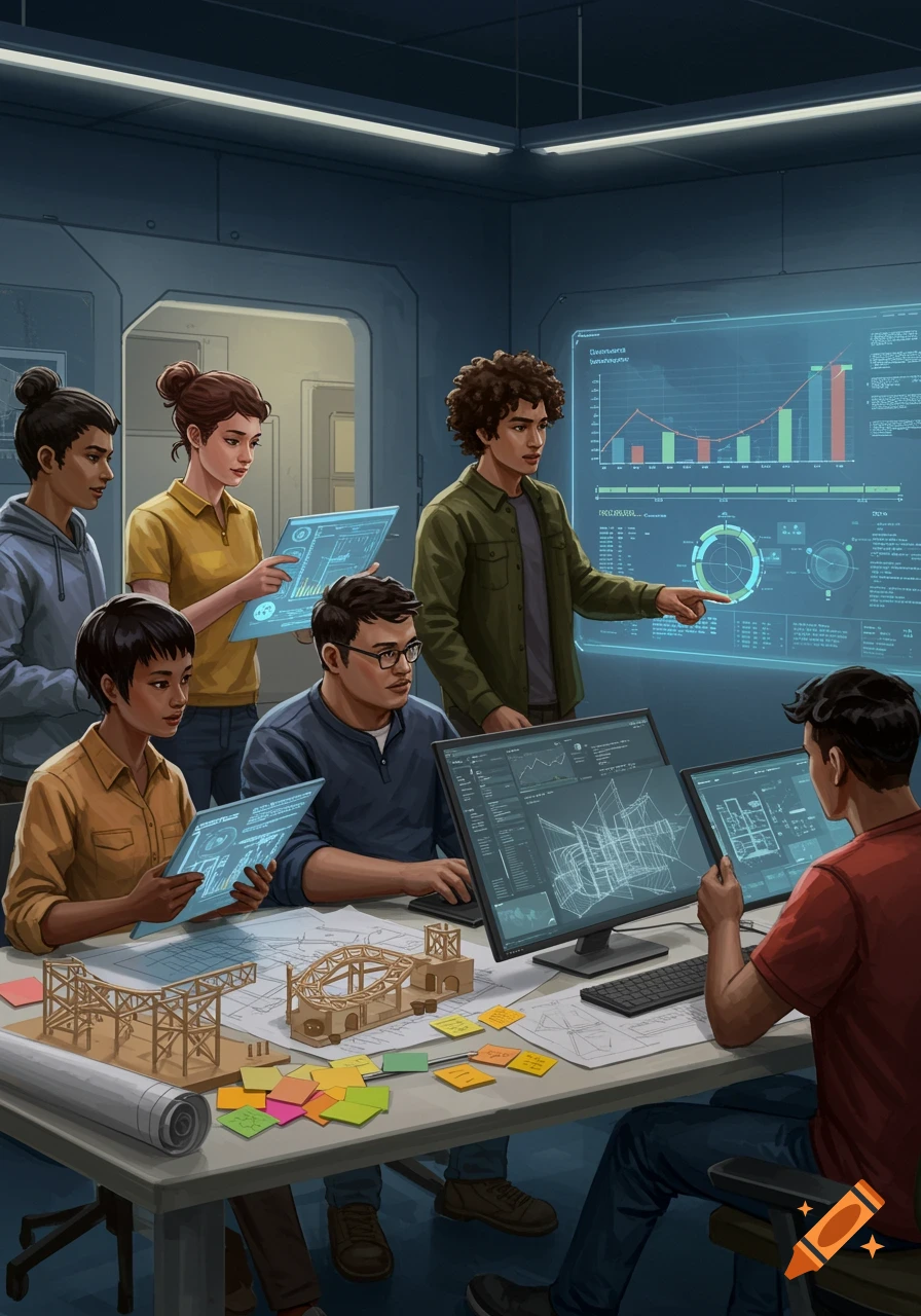 A diverse team of engineers and project managers collaborates in a modern office, analyzing data on screens and blueprints.
