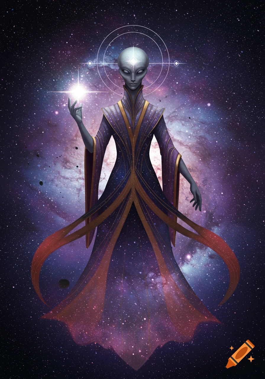 An ethereal alien being in a regal, cosmic-patterned robe stands holding a bright star against a vibrant galaxy background.