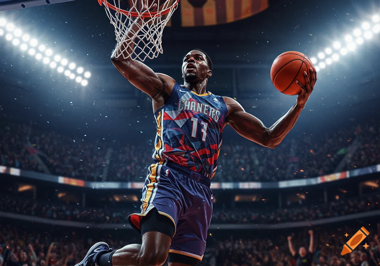 A photorealistic image of a basketball player mid-dunk in a brightly lit arena.
