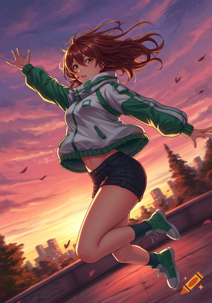 Anime girl with brown hair, white and green jacket, and shorts, jumping dynamically against a vibrant sunset sky over a cityscape.