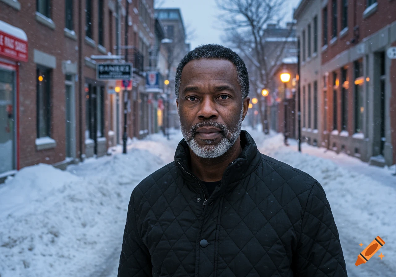 A man with a salt-and-pepper beard wears a black quilted jacket on a snowy urban street with brick buildings and streetlights.