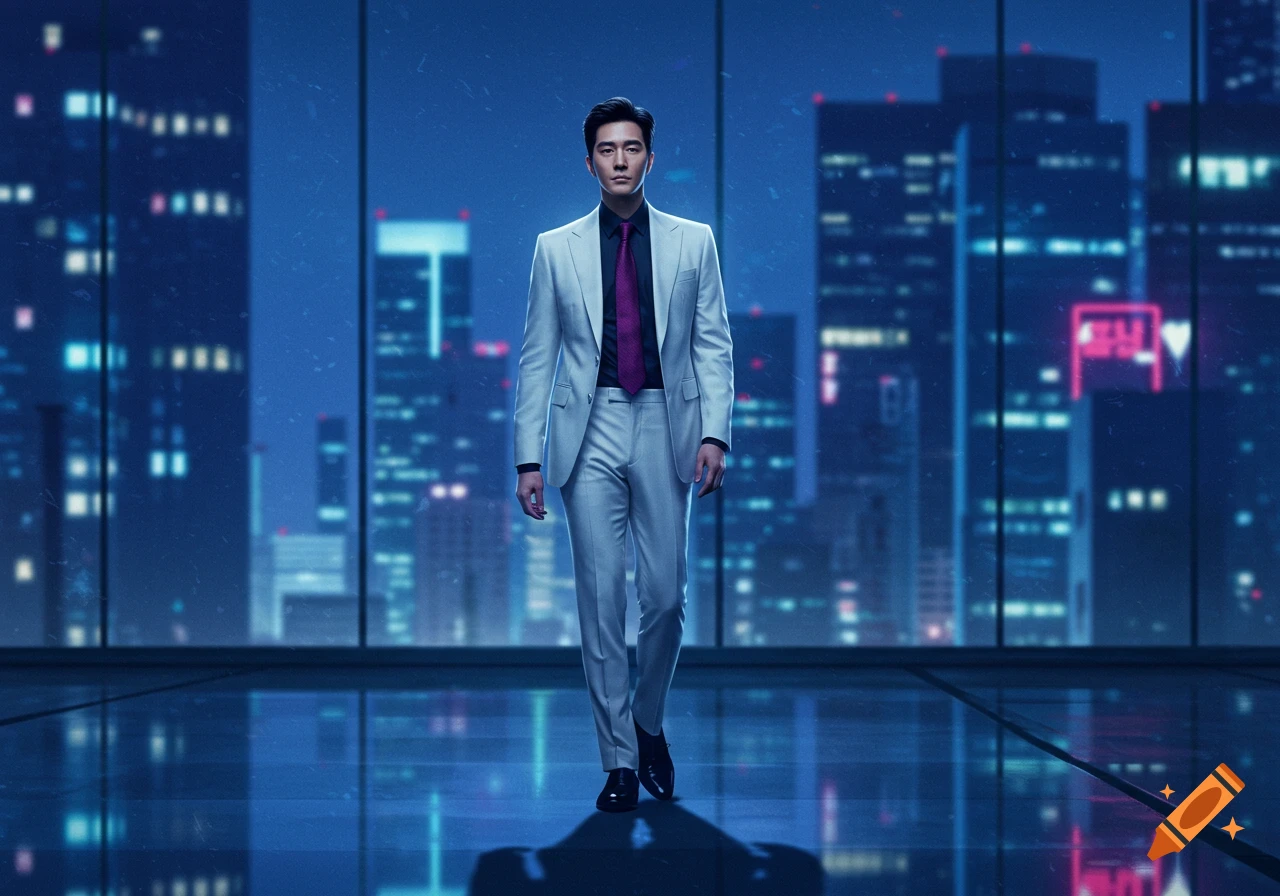 A man in a white suit walks on a reflective floor in front of a large window overlooking a futuristic blue-lit cityscape at night.