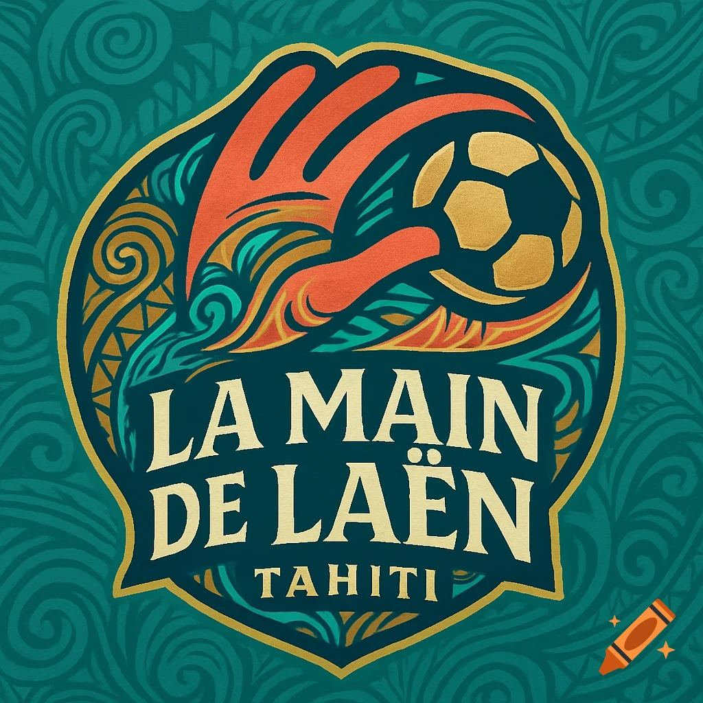Vibrant soccer logo with an orange hand holding a gold ball, text 'LA MAIN DE LA 'N TAHITI', stylized graphic design.