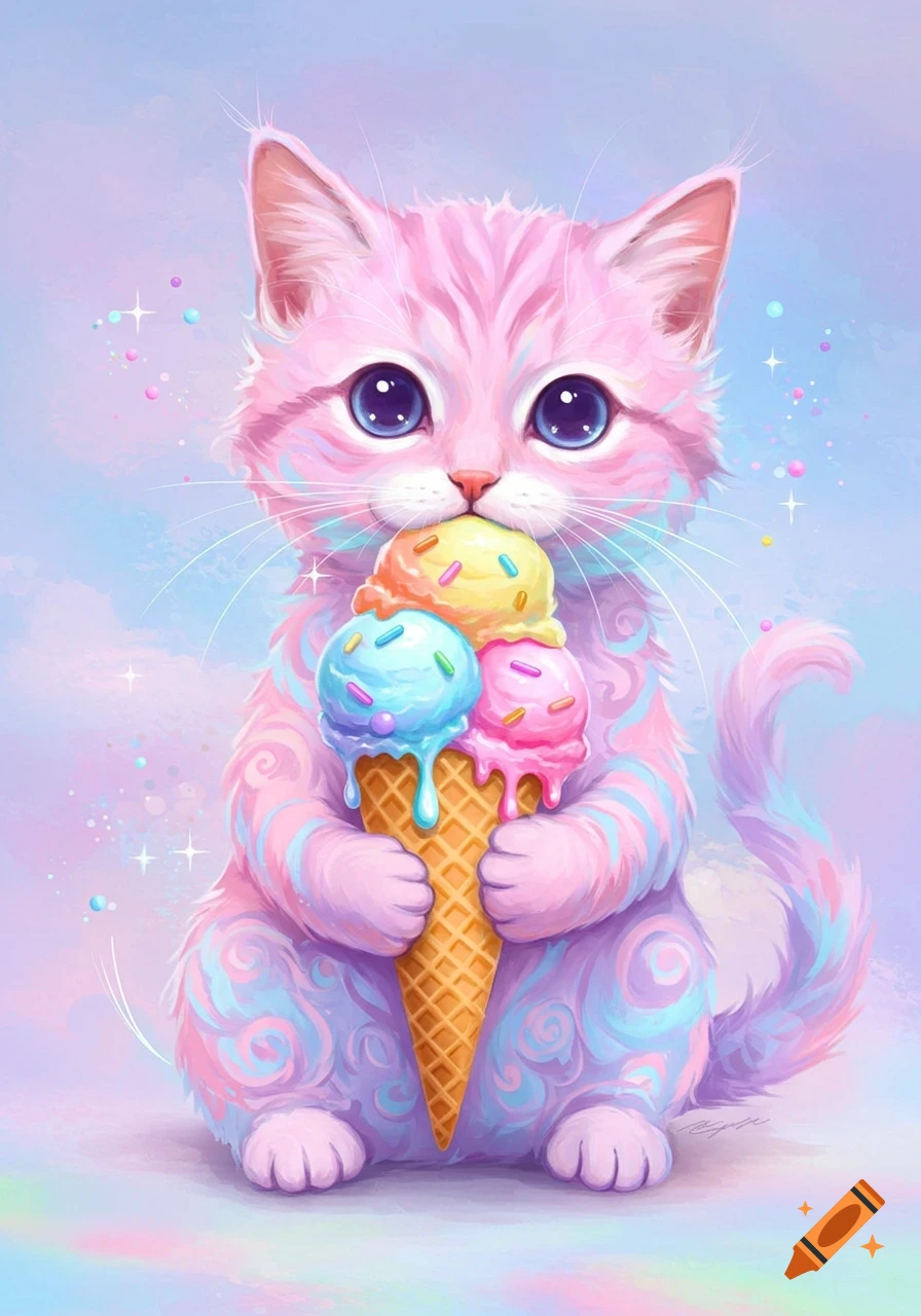 A cute, pastel pink and blue kitten with big eyes holds and eats a triple-scoop ice cream cone with colorful sprinkles.