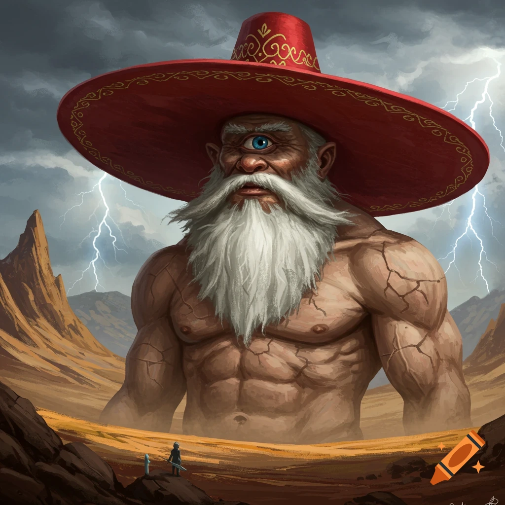 A giant, muscular cyclops with a white beard and a red sombrero stands in a desert landscape under a stormy, lightning-filled sky, with a small human figure below.