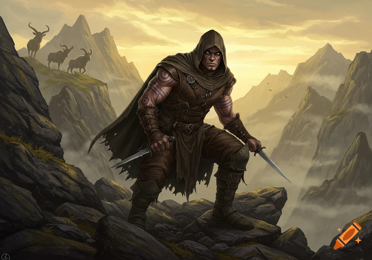 A hooded fantasy warrior with tribal tattoos stands on a rocky mountain peak, holding two daggers, with goats and misty mountains in the distance.