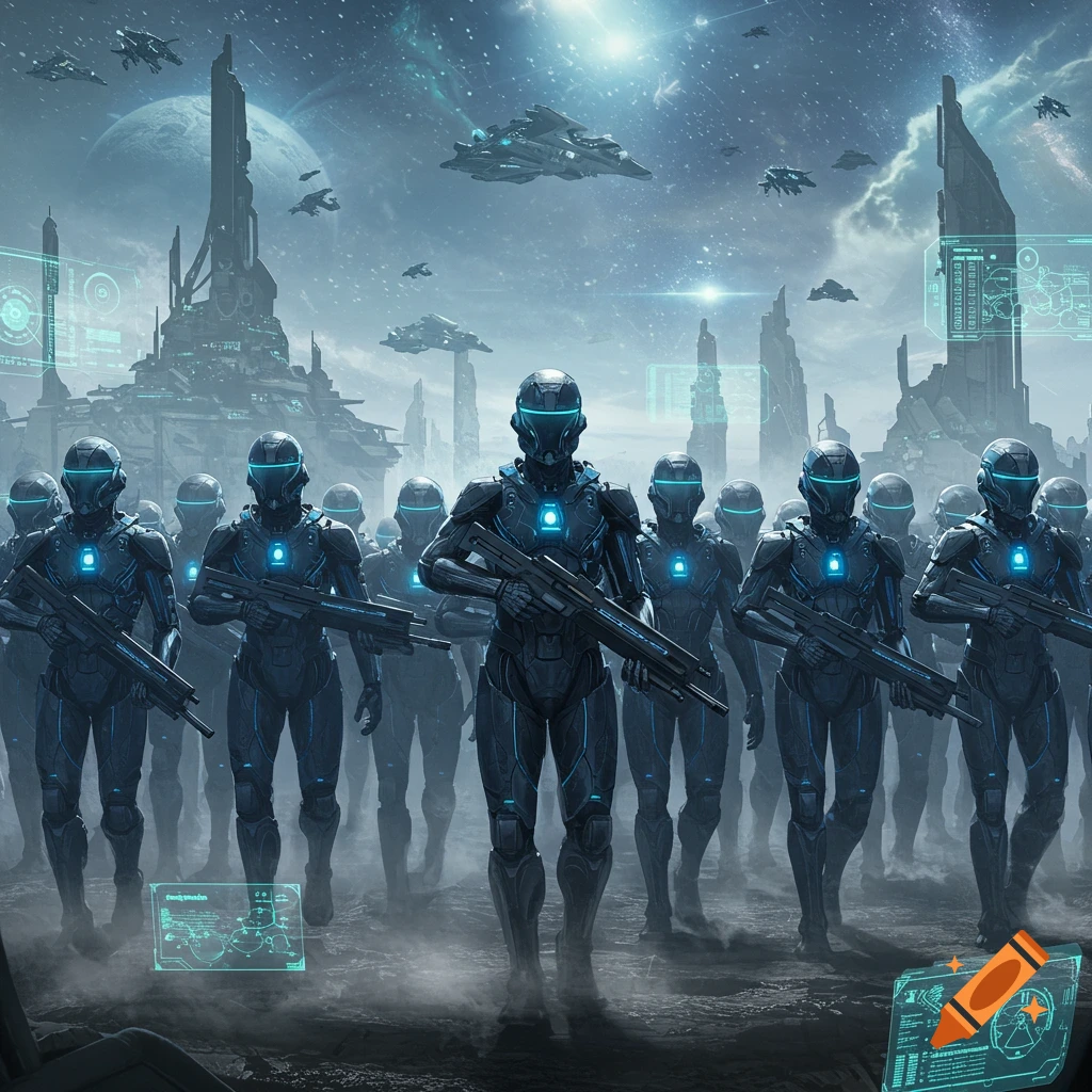 A futuristic army of soldiers in dark, glowing blue suits and helmets stand ready with rifles in a misty, alien city under a starlit sky with spaceships flying overhead.