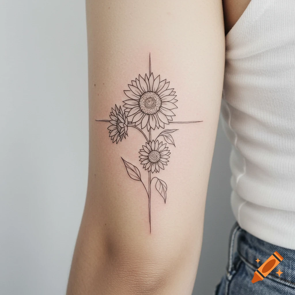 A minimalist line art tattoo of sunflowers arranged in a cross shape on a person's upper arm.