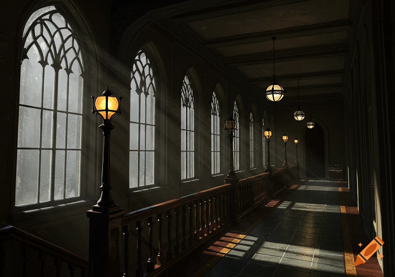 A dark gothic hallway features tall arched windows casting light rays across a tiled floor, lined with ornate wooden railings and glowing brass lamps leading into the distance.