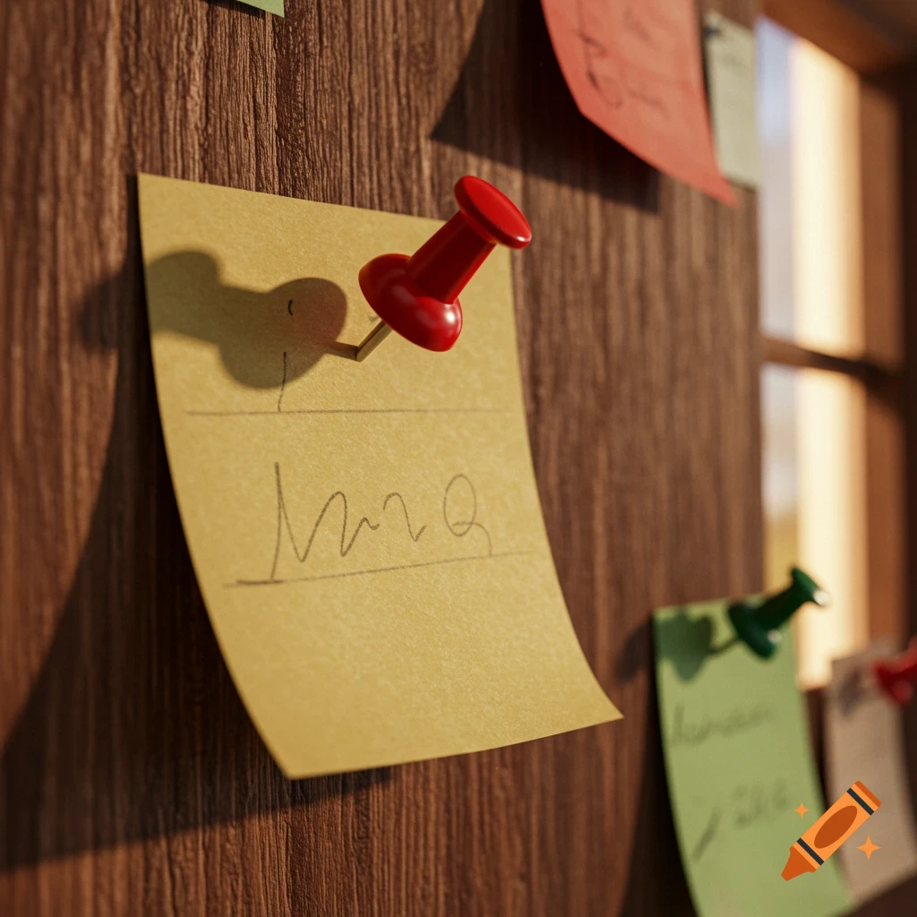 A red push pin secures a yellow sticky note with illegible handwriting to a wooden bulletin board, with other notes blurred in the background.