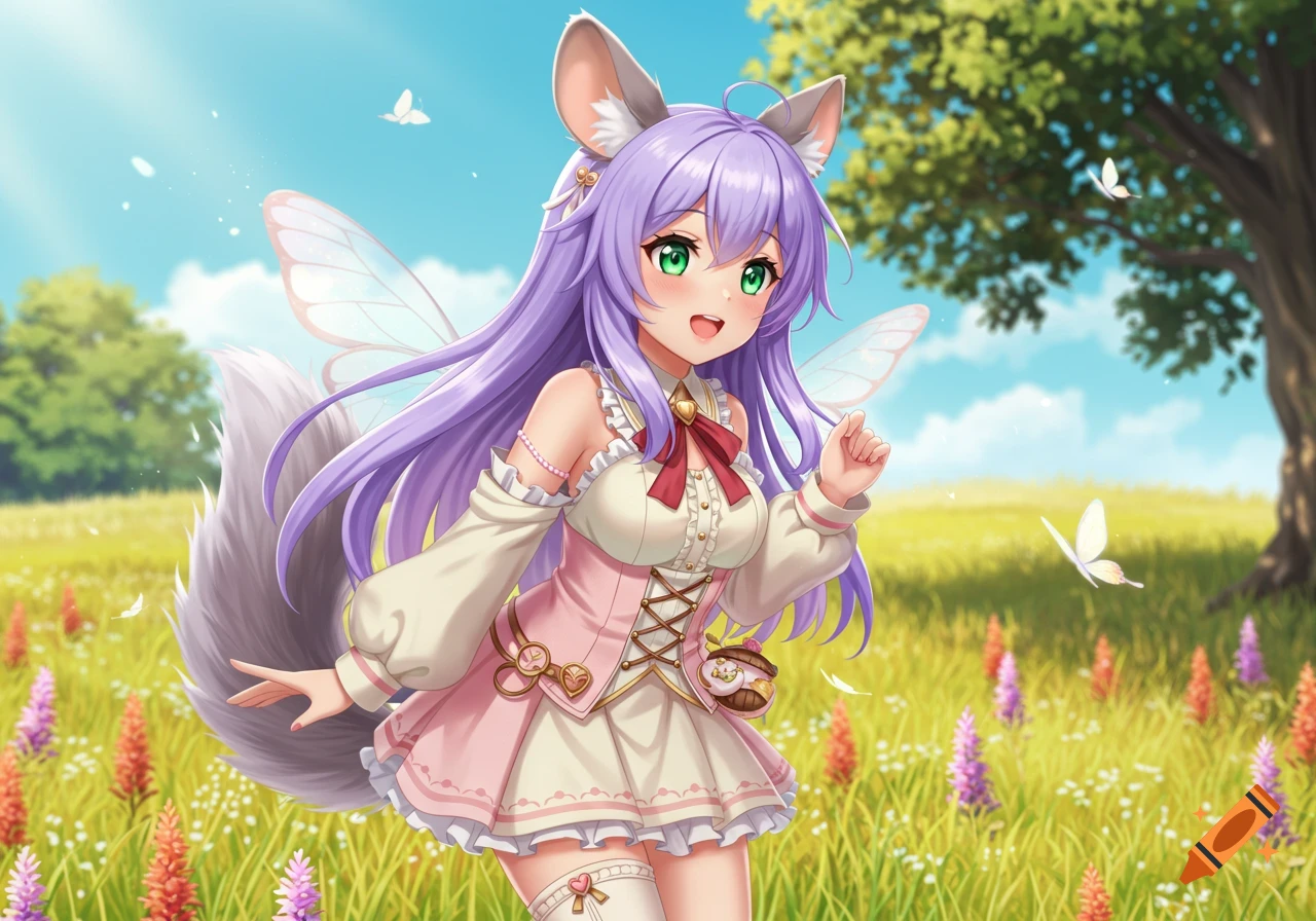 An anime girl with long purple hair, chinchilla ears and tail, and fairy wings stands in a field of colorful wildflowers under a blue sky.