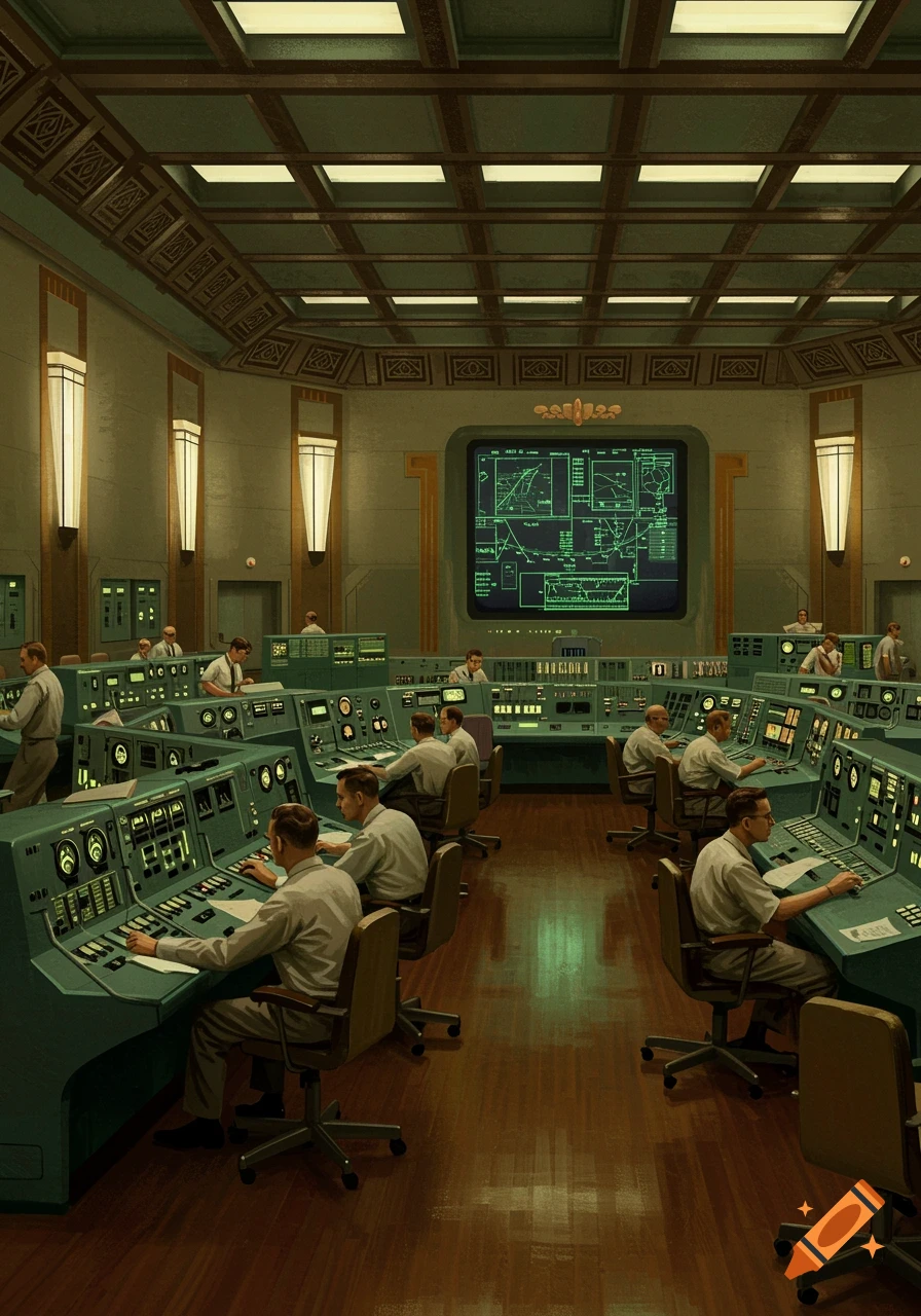 An illustration of a 1950s-style NASA launch control room with many men in white shirts at green control panels and a large central screen displaying charts.
