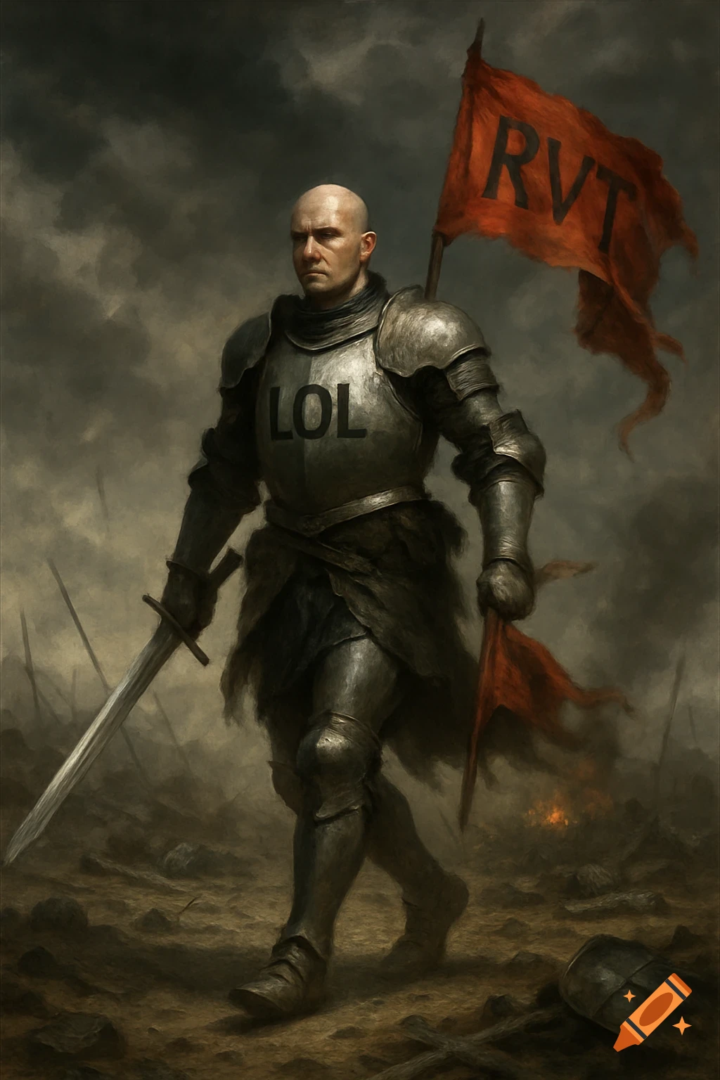 A bald knight in armor with "LOL" on his chestplate walks across a dark battlefield, holding a sword and a red flag with "RVT".