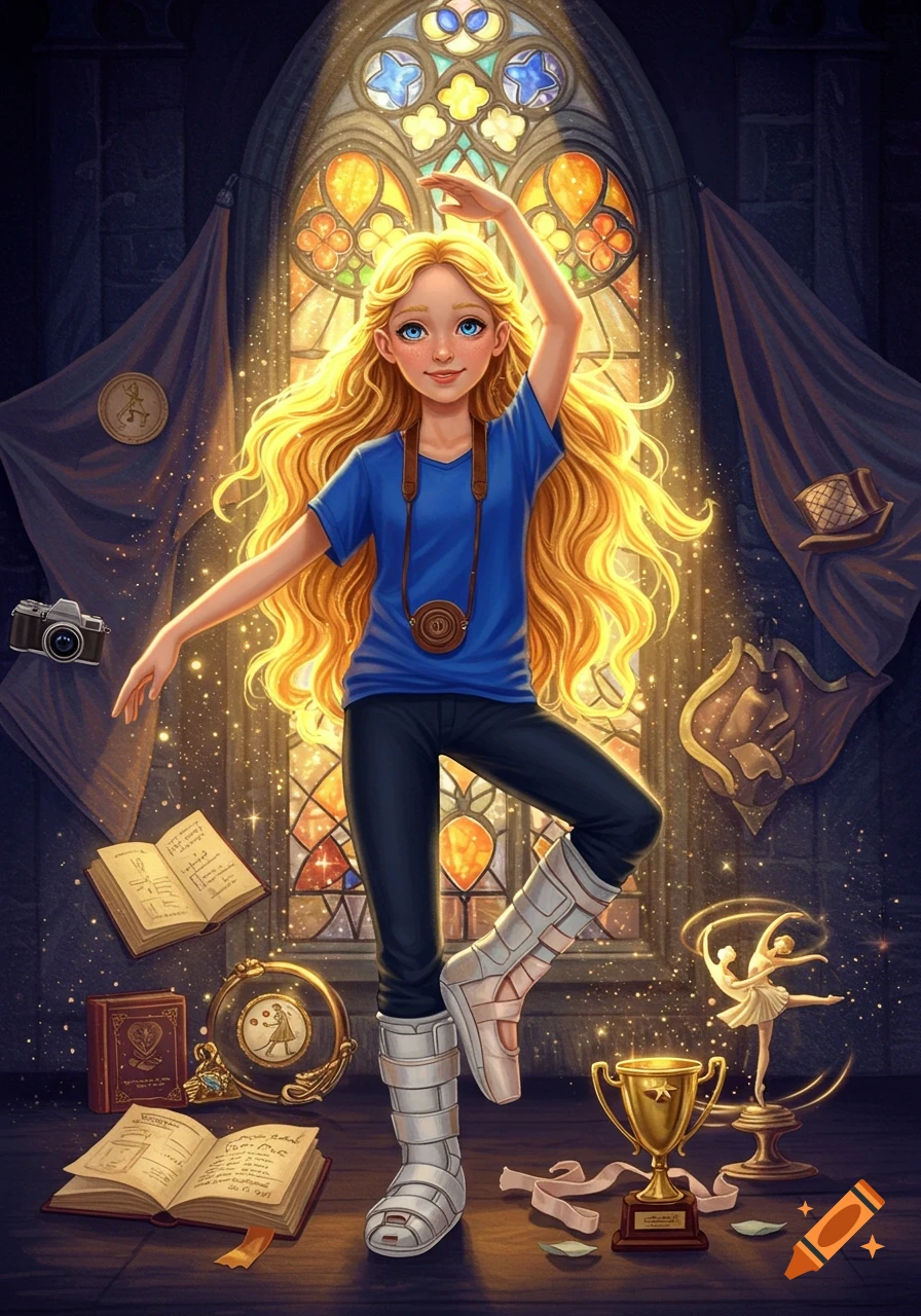 A blonde girl in blue shirt and black pants, with a medical boot on one foot and a ballet slipper on the other, poses by a stained-glass window. Books, a camera, and a trophy are around her in this artistic illustration.