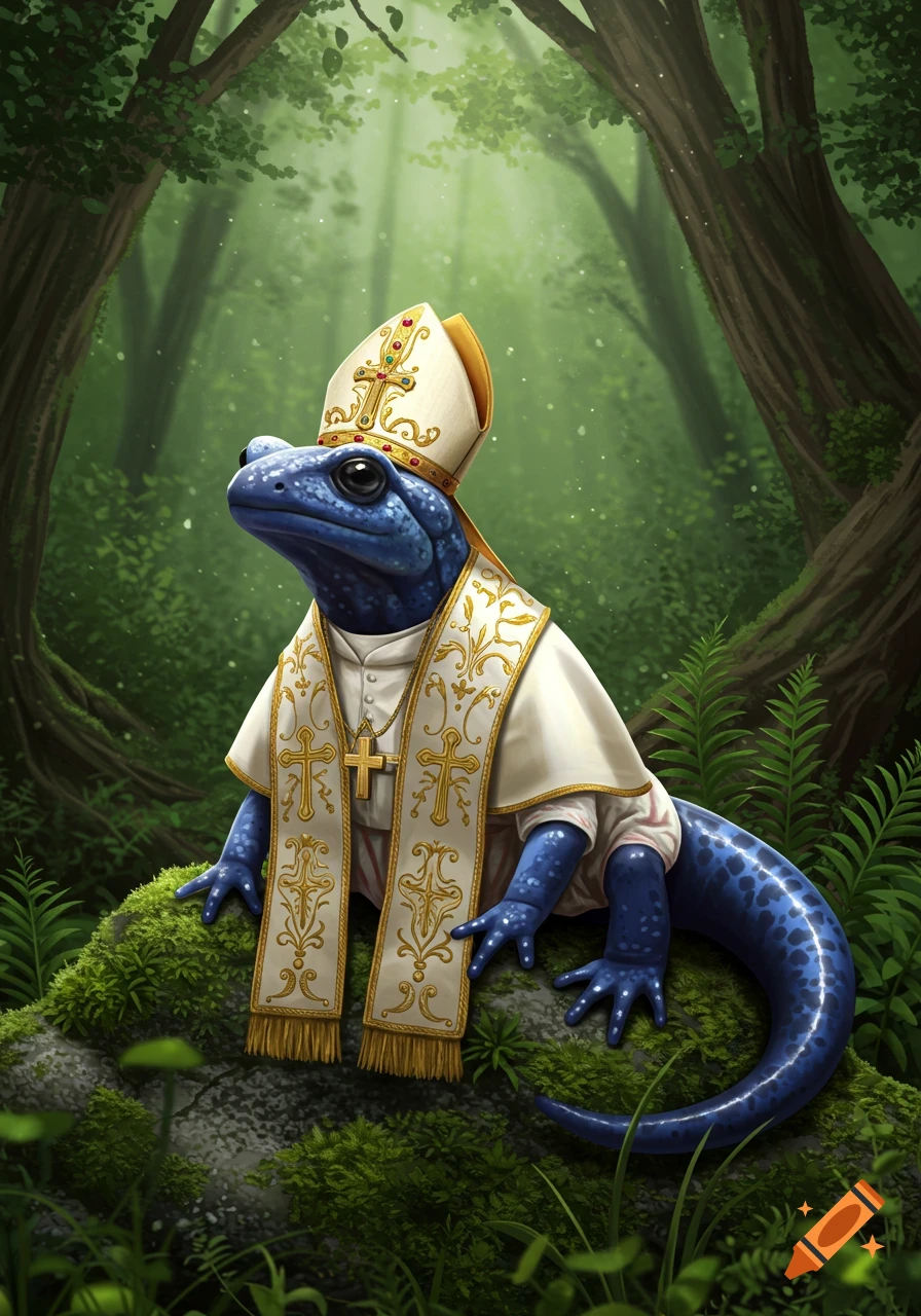 A blue salamander wearing a pope's mitre and stole sits on a mossy log in a lush forest, digital illustration.