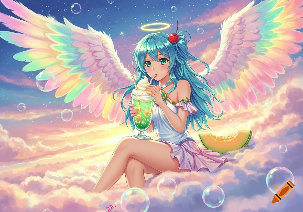 An anime angel with blue hair, green eyes, rainbow wings, and a halo, sitting on clouds and drinking a melon soda float.