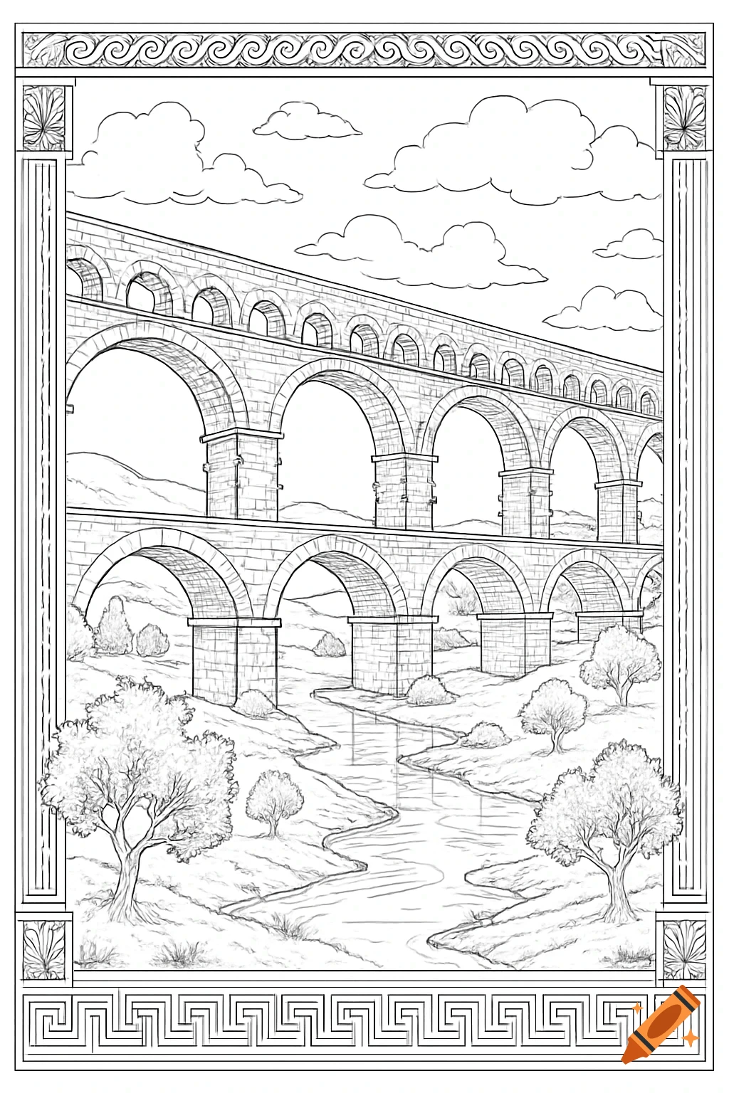 Black and white line art of a multi-tiered Roman aqueduct over a river and hills, with clouds and decorative borders, for coloring.