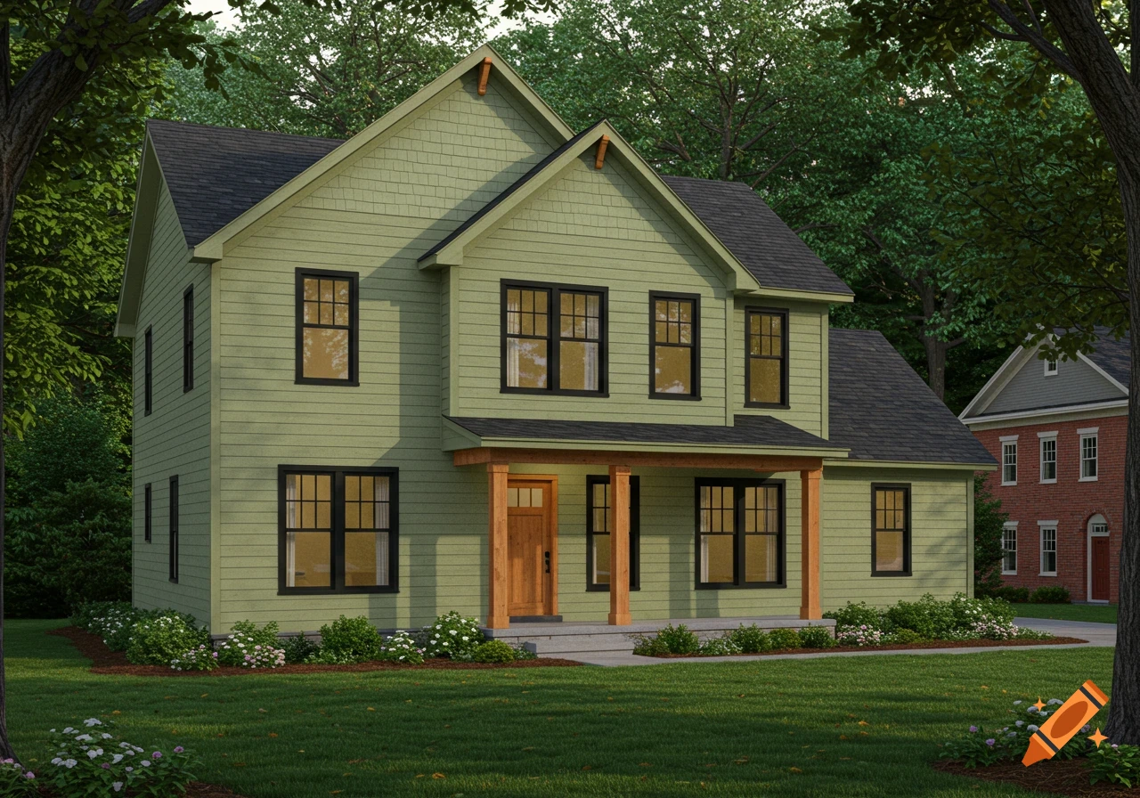 A light green two-story house with black window frames, natural wood porch columns, and a wooden front door, set on a green lawn with trees.
