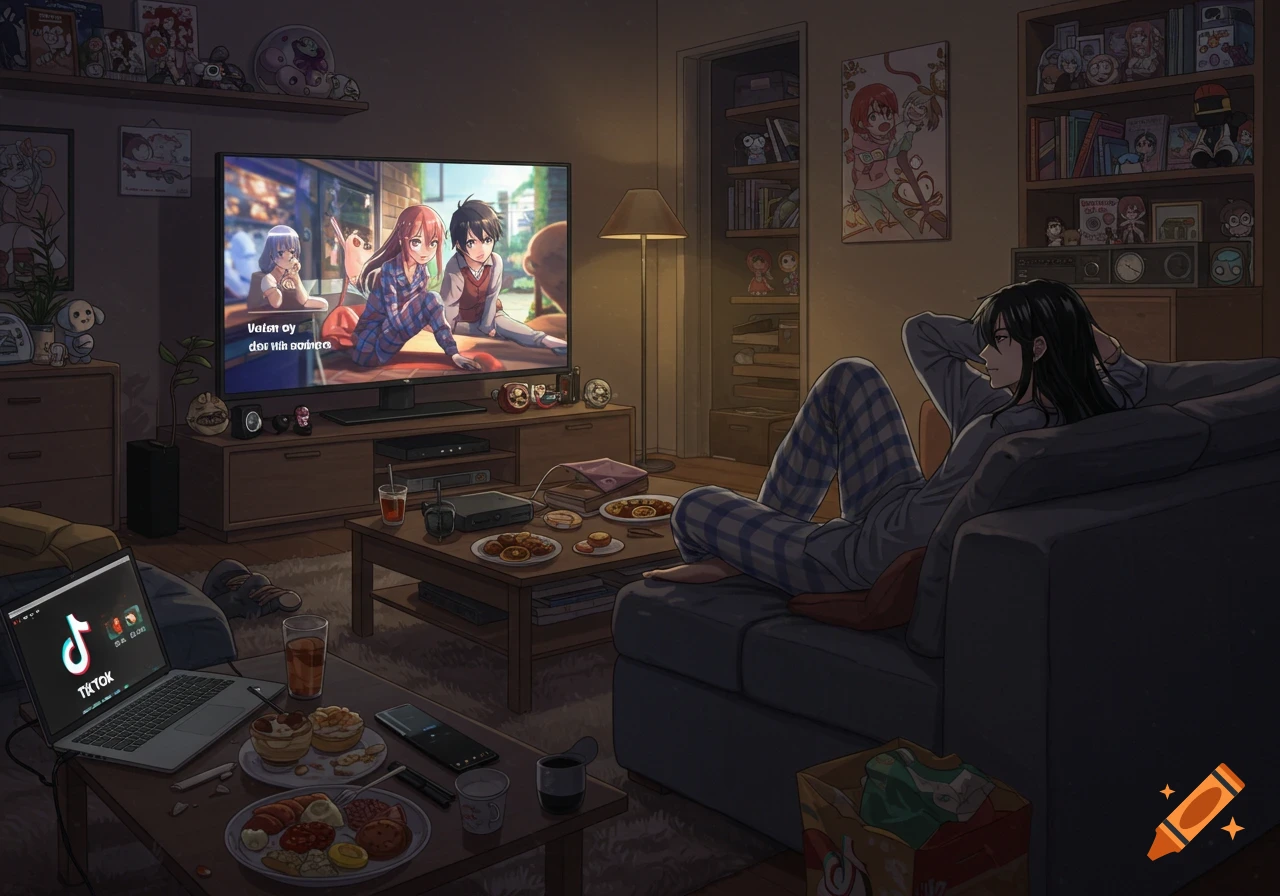 A person in pajamas relaxes on a couch in a cozy, dimly lit living room, watching anime on a large TV. A laptop with TikTok is on a nearby table.