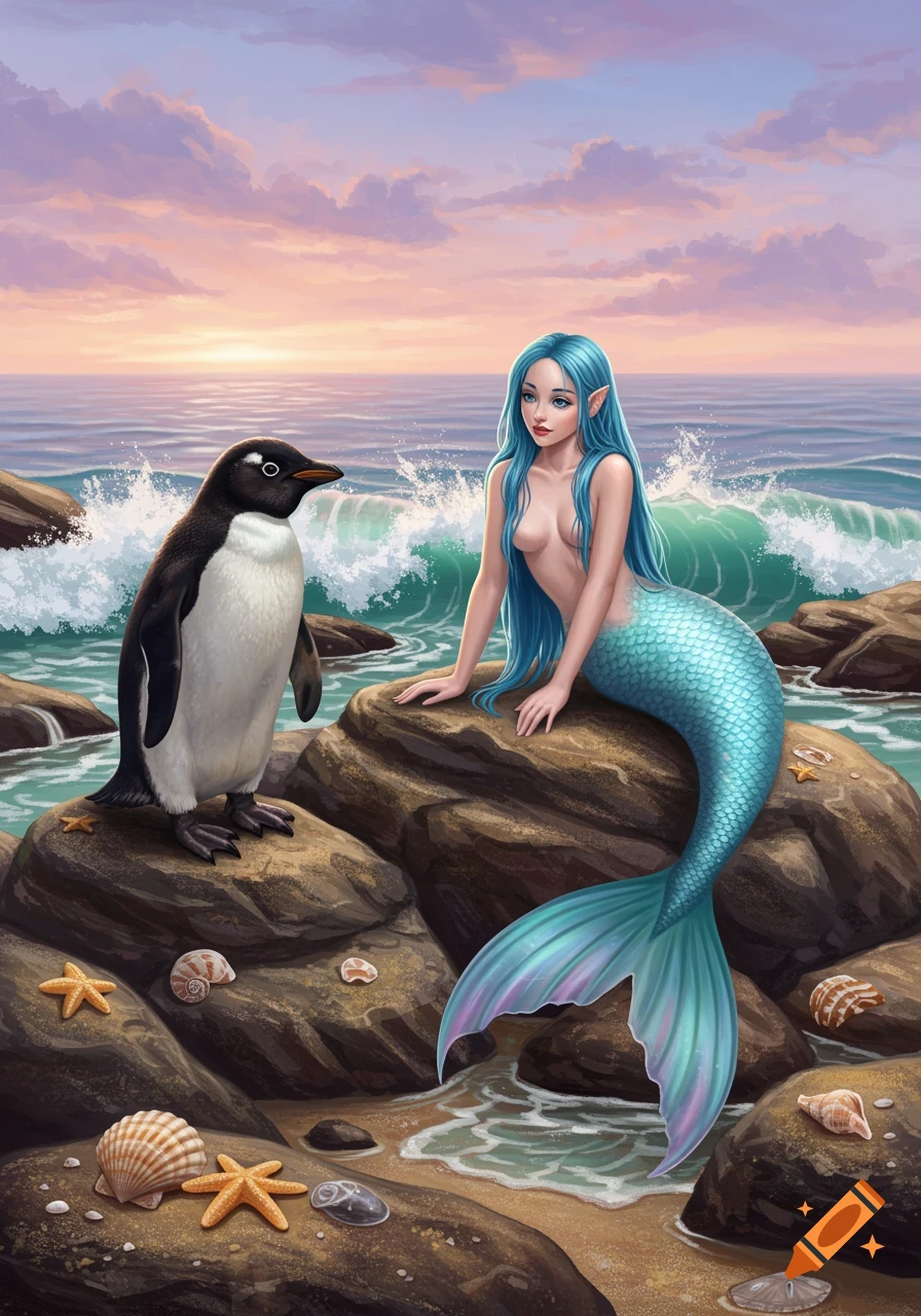 Digital painting of a blue-haired mermaid and a penguin sitting on rocks at a beach with ocean waves and a sunset.
