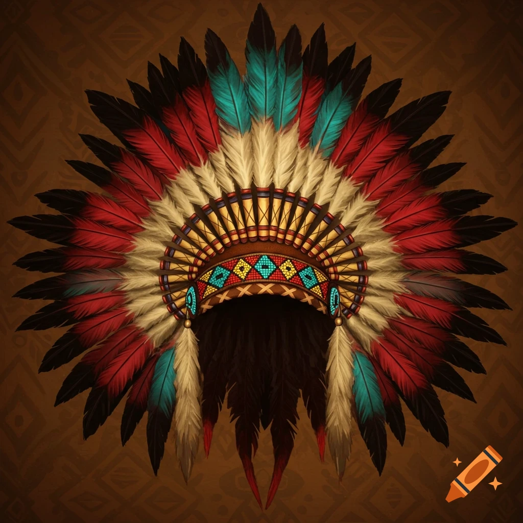 An illustration of a vibrant headdress with red, white, and teal feathers and intricate beadwork on a patterned background.