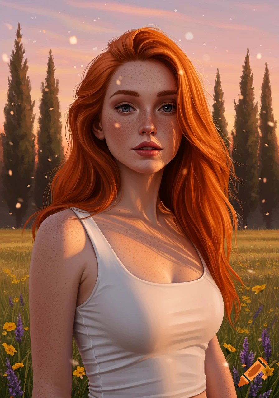 A photorealistic digital painting of a redhead woman with freckles, wearing a white tank top in a field at sunset.