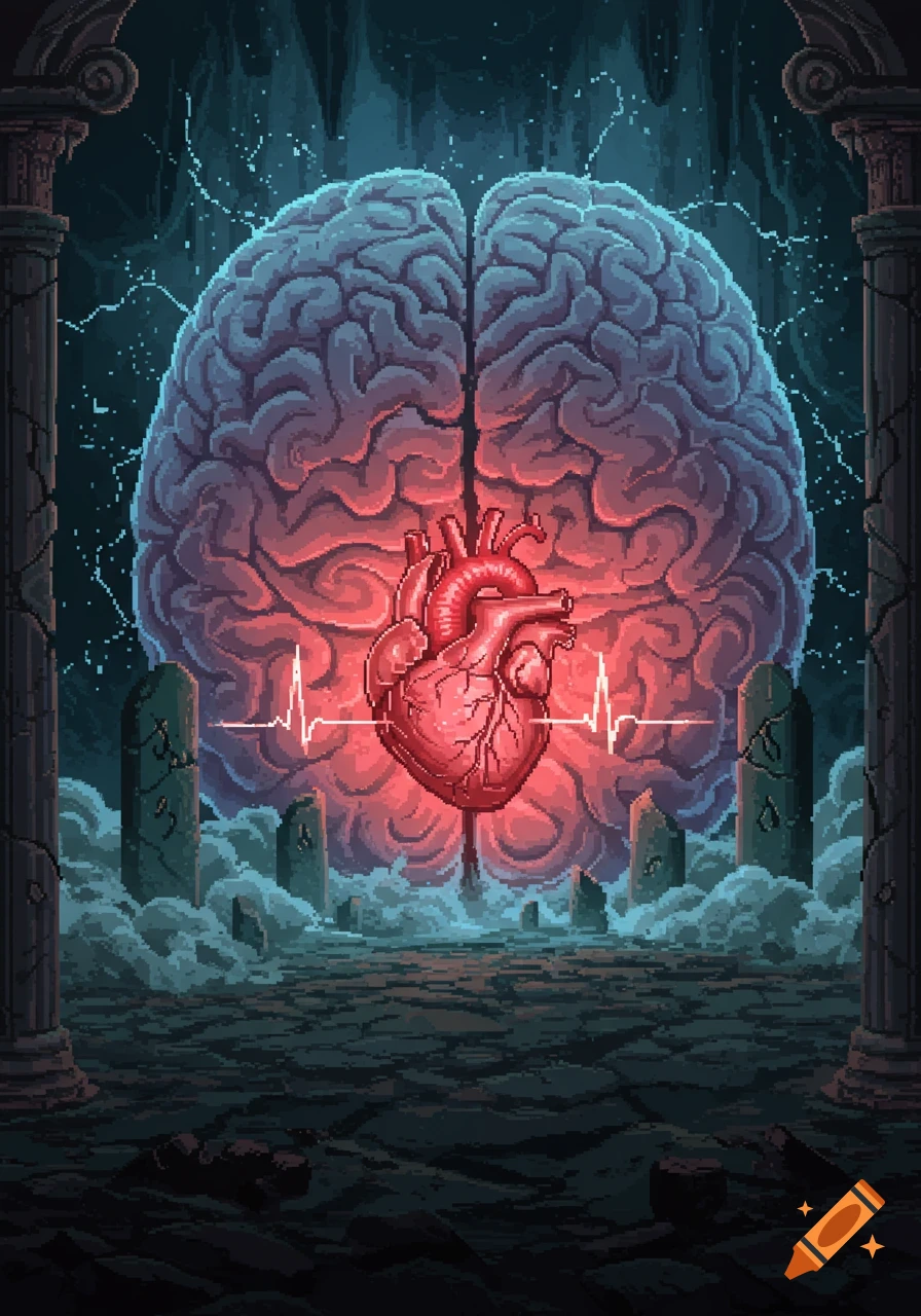 Pixel art of a giant brain with a glowing red heart, against a dark, misty background with ancient columns.