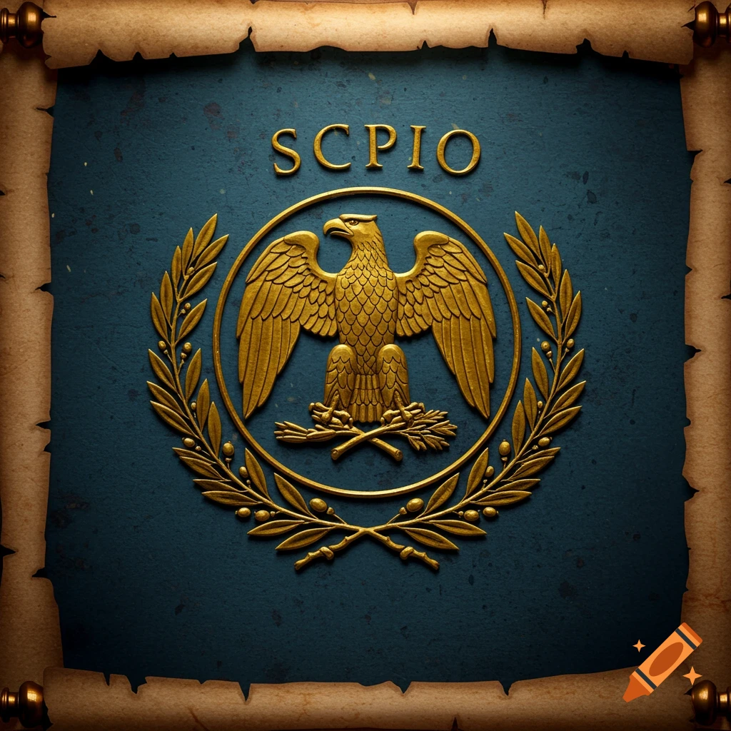 A golden eagle emblem with laurel wreaths and the word 'SCPIO' on a dark blue background, framed by antique paper scrolls.