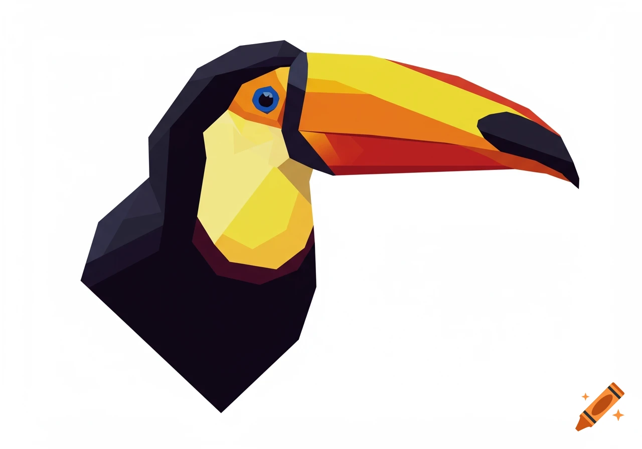 A geometric design of a toucan's head with a large yellow and orange beak, black body, and a blue eye, against a white background.