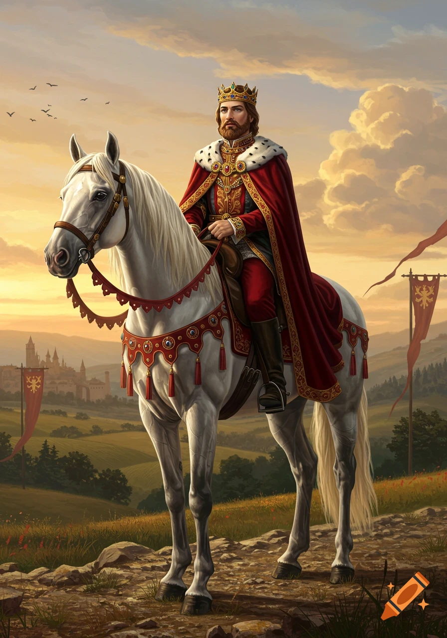 A regal king in a red cape and golden crown rides a white horse through a verdant landscape with a distant castle at sunset, digital painting.