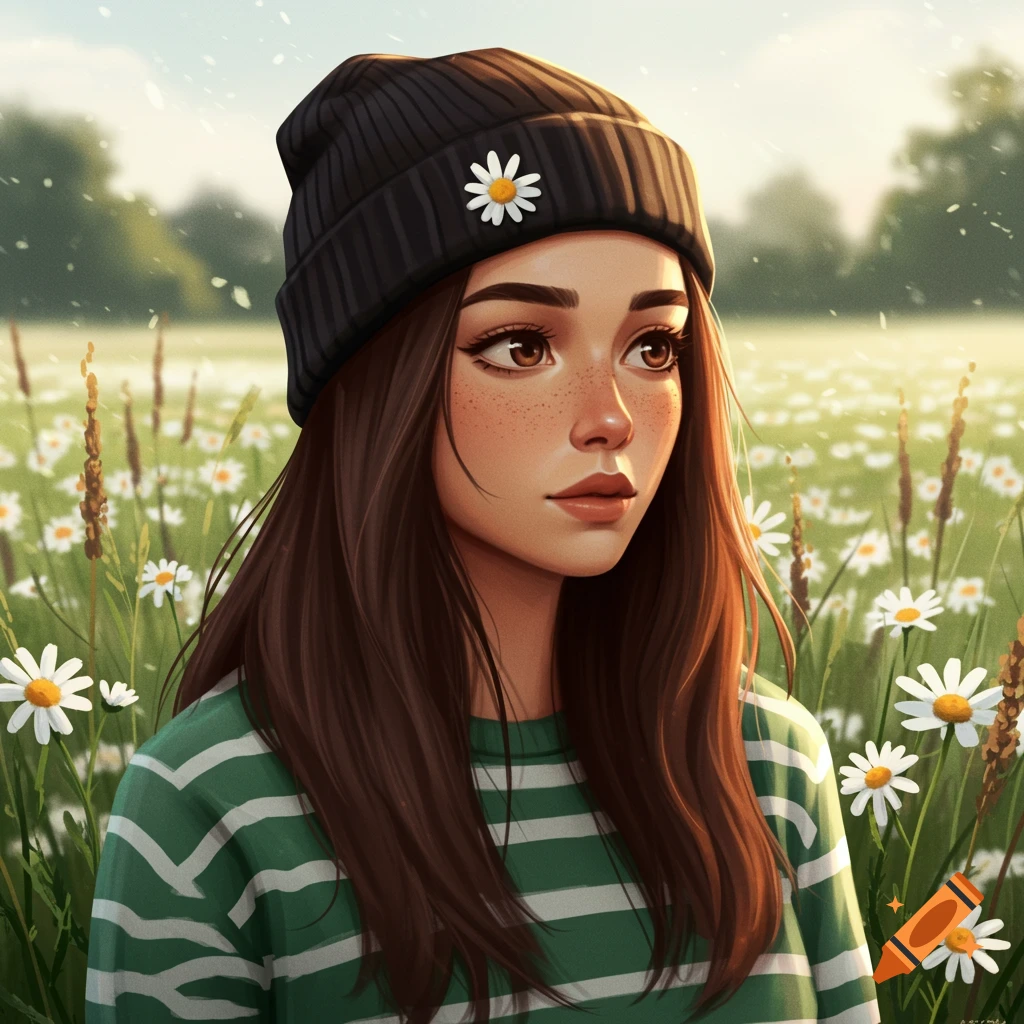 Stylized illustration of a young woman with brown hair and freckles, wearing a black daisy beanie and a green striped shirt in a daisy field.