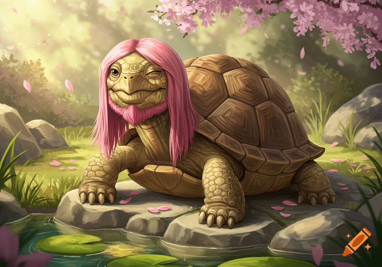 An old winking turtle with long pink hair and a small pink beard sits on rocks by a pond with cherry blossoms.