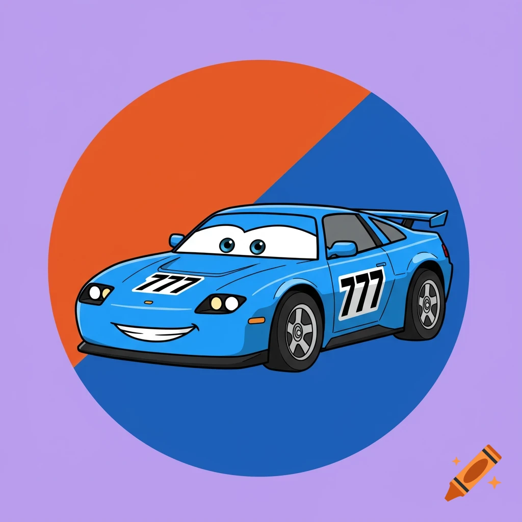 A blue cartoon race car with large white eyes and a smile, numbered 777, against a circular background split into orange and blue, on a purple background.