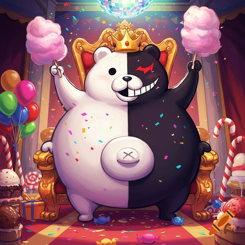 A plump Monokuma bear, half white and half black, sits on a golden throne holding pink cotton candy in a vibrant party room filled with confetti, balloons, and sweets. The setting includes a disco ball.