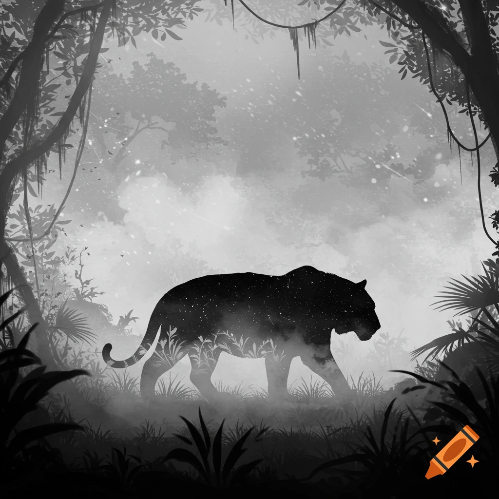 A stylized black and white illustration of a panther silhouette, filled with stars, walking through a misty jungle.