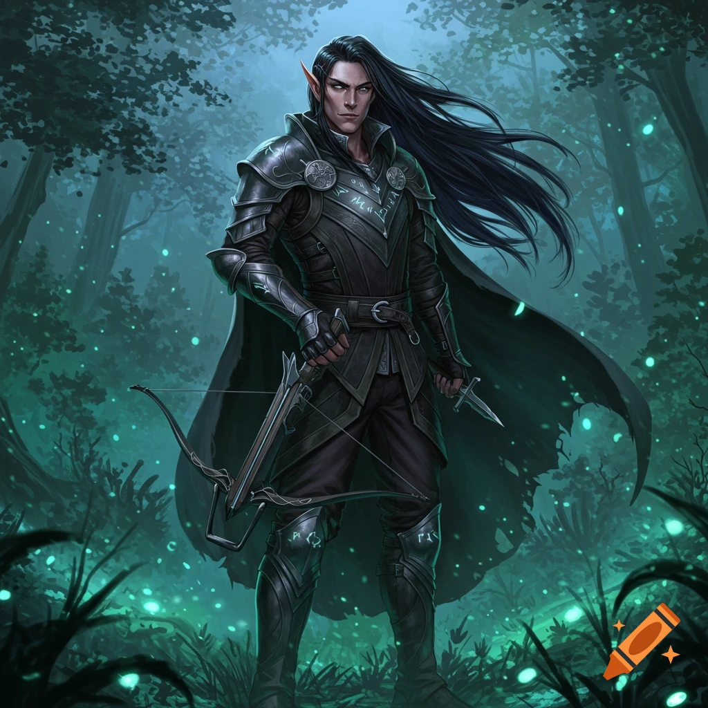 A dark elf male with long black hair and black armor holds a crossbow and dagger in a glowing, ethereal forest.