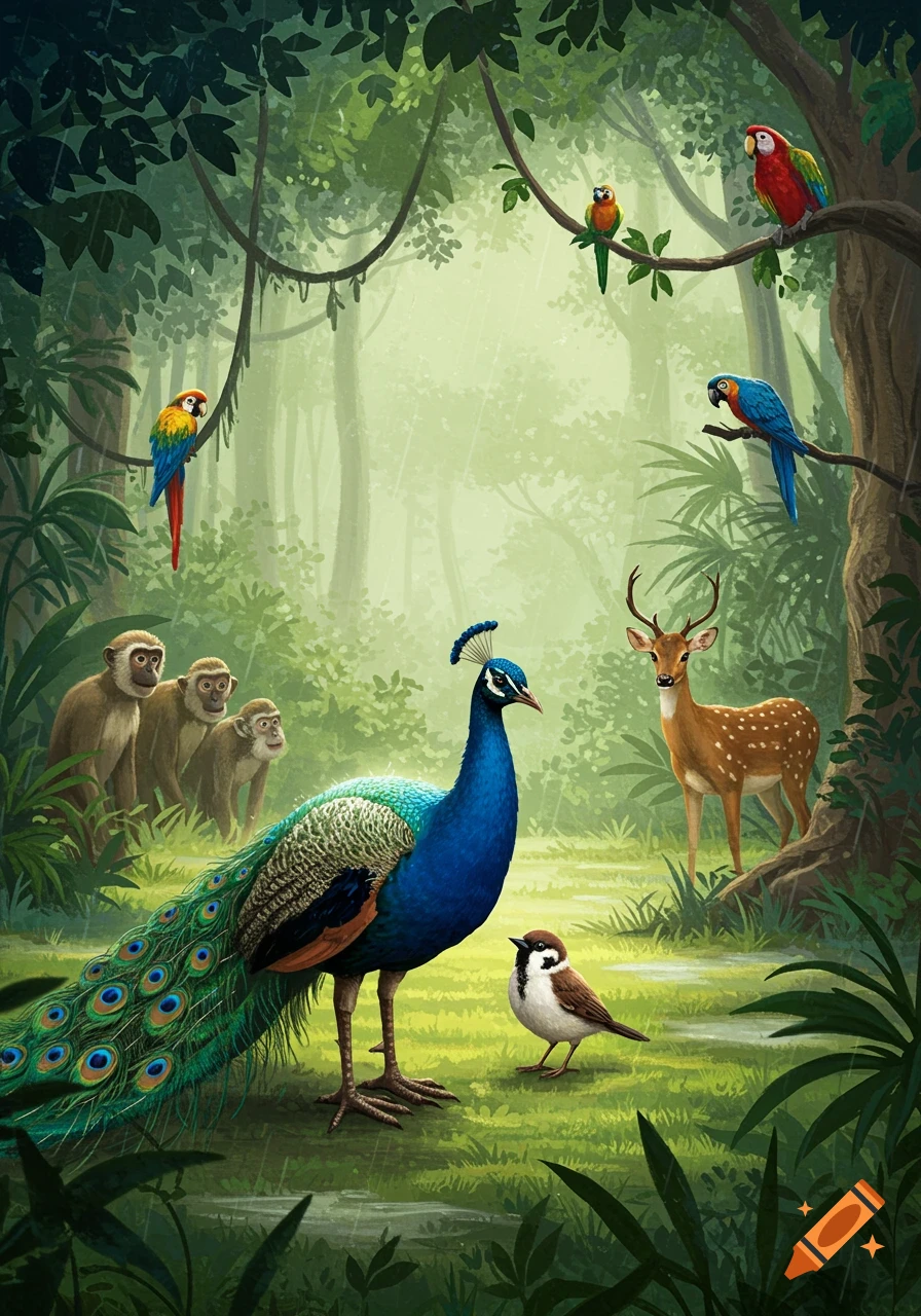 A vibrant storybook illustration of various animals in a lush jungle after a storm, with a peacock, sparrow, monkeys, deer, and parrots.
