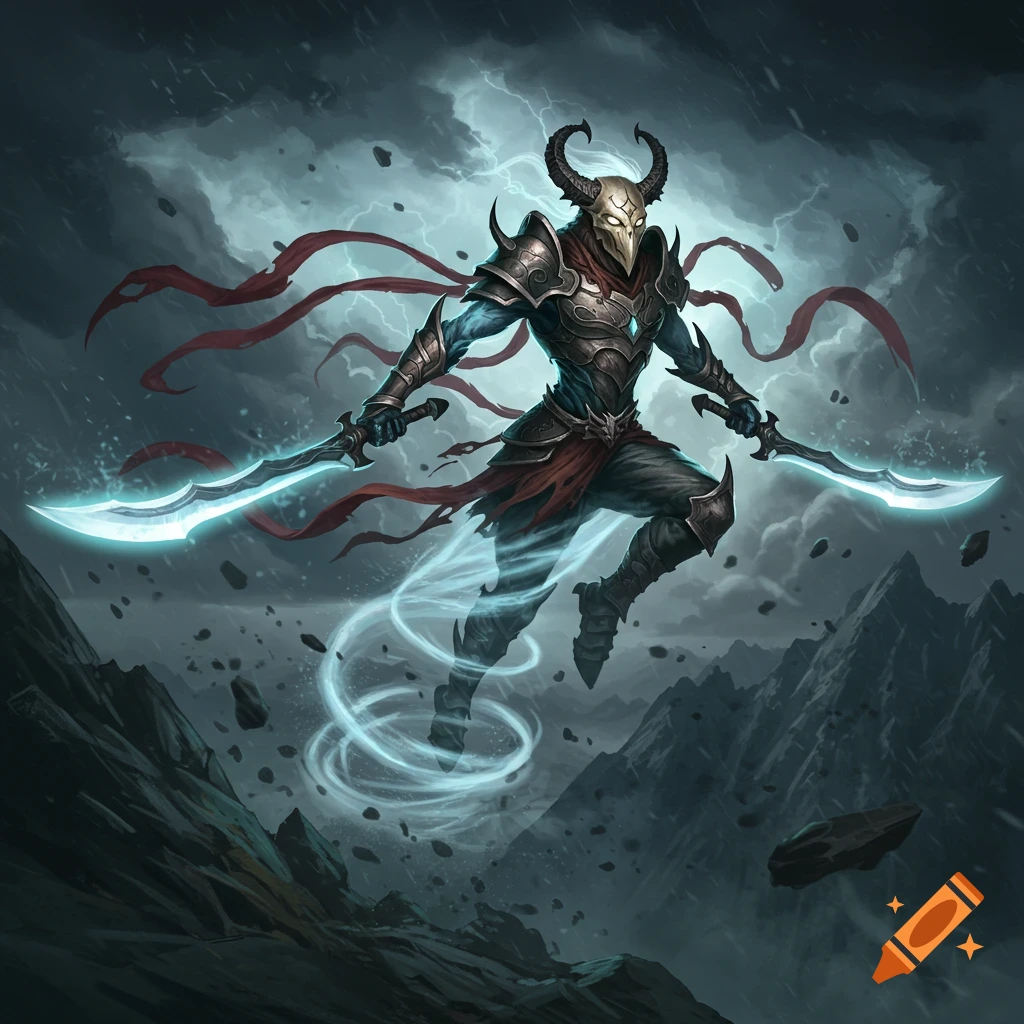 A demonic wind elemental warrior with a horned mask, armor, and red flowing ribbons levitates with twin glowing scimitars over stormy mountains.