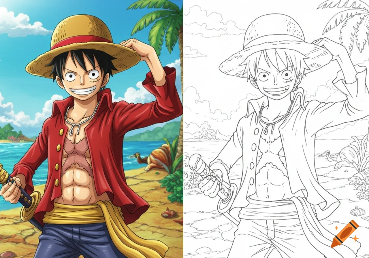 Anime character Monkey D. Luffy on a tropical beach, with a full-color ...