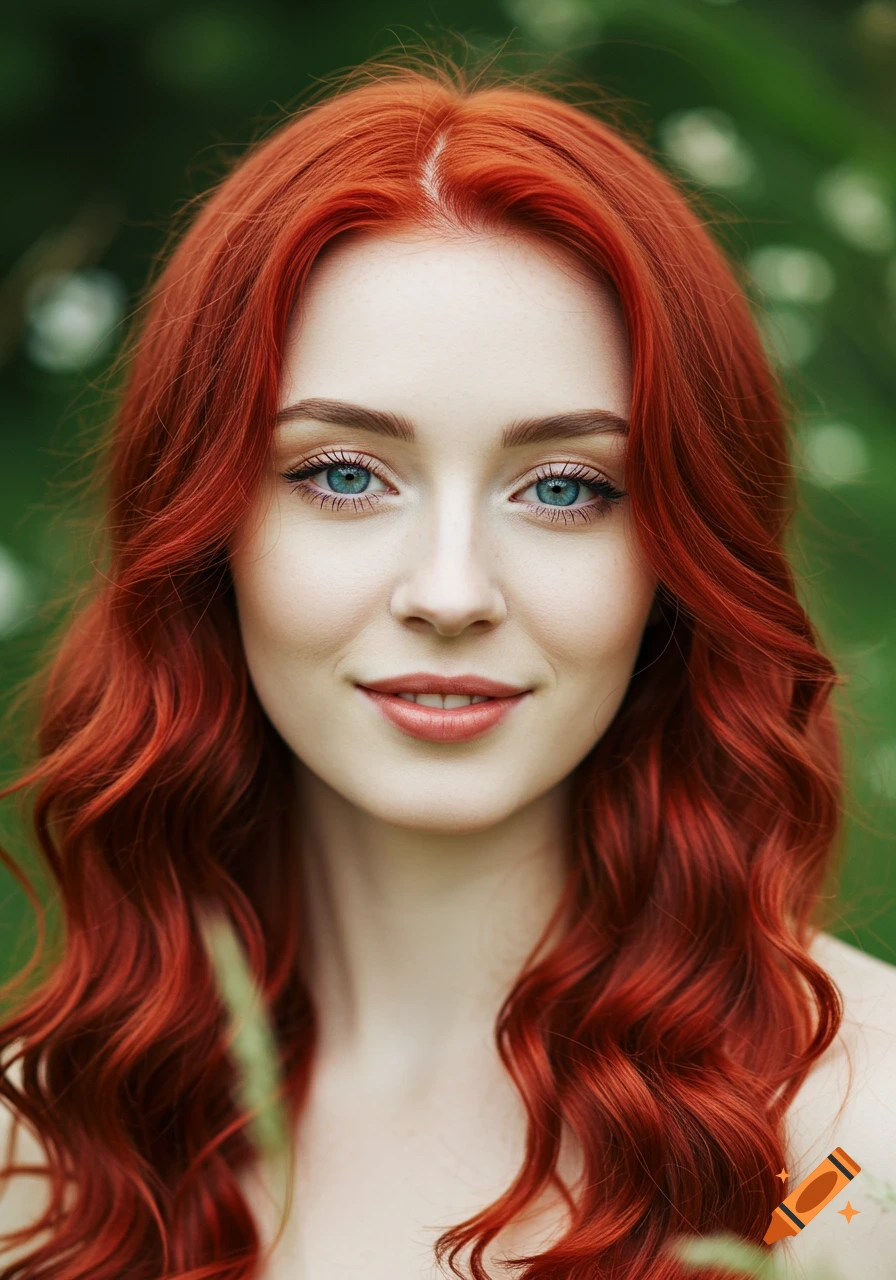 Close-up photorealistic portrait of a young woman with long wavy red hair and piercing blue eyes, smiling softly against a blurred green background.