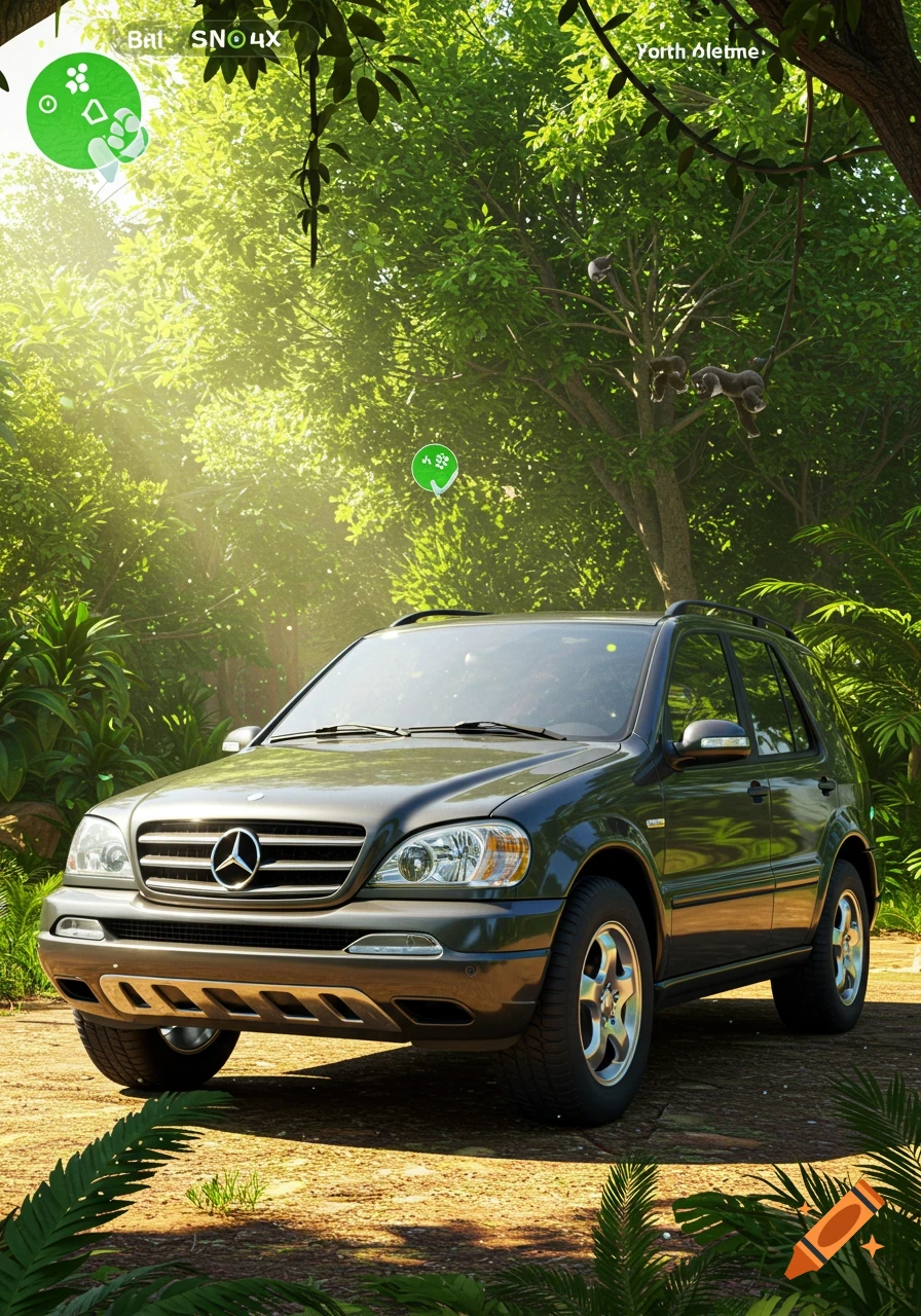 A dark grey Mercedes-Benz ML SUV parked on a dirt road in a sunlit, lush green jungle.