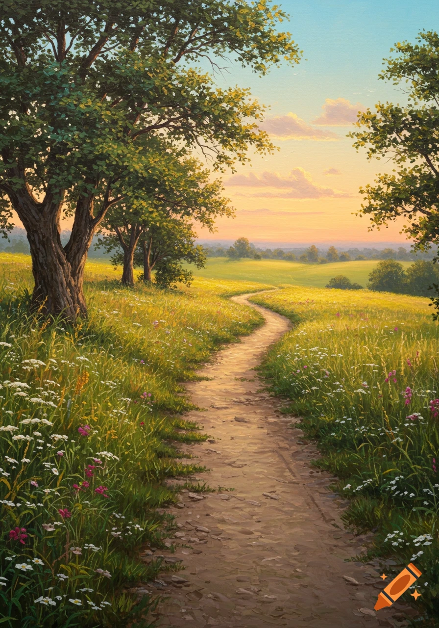 A winding dirt path through a vibrant green and yellow field with wildflowers, framed by trees, under a sunset sky.