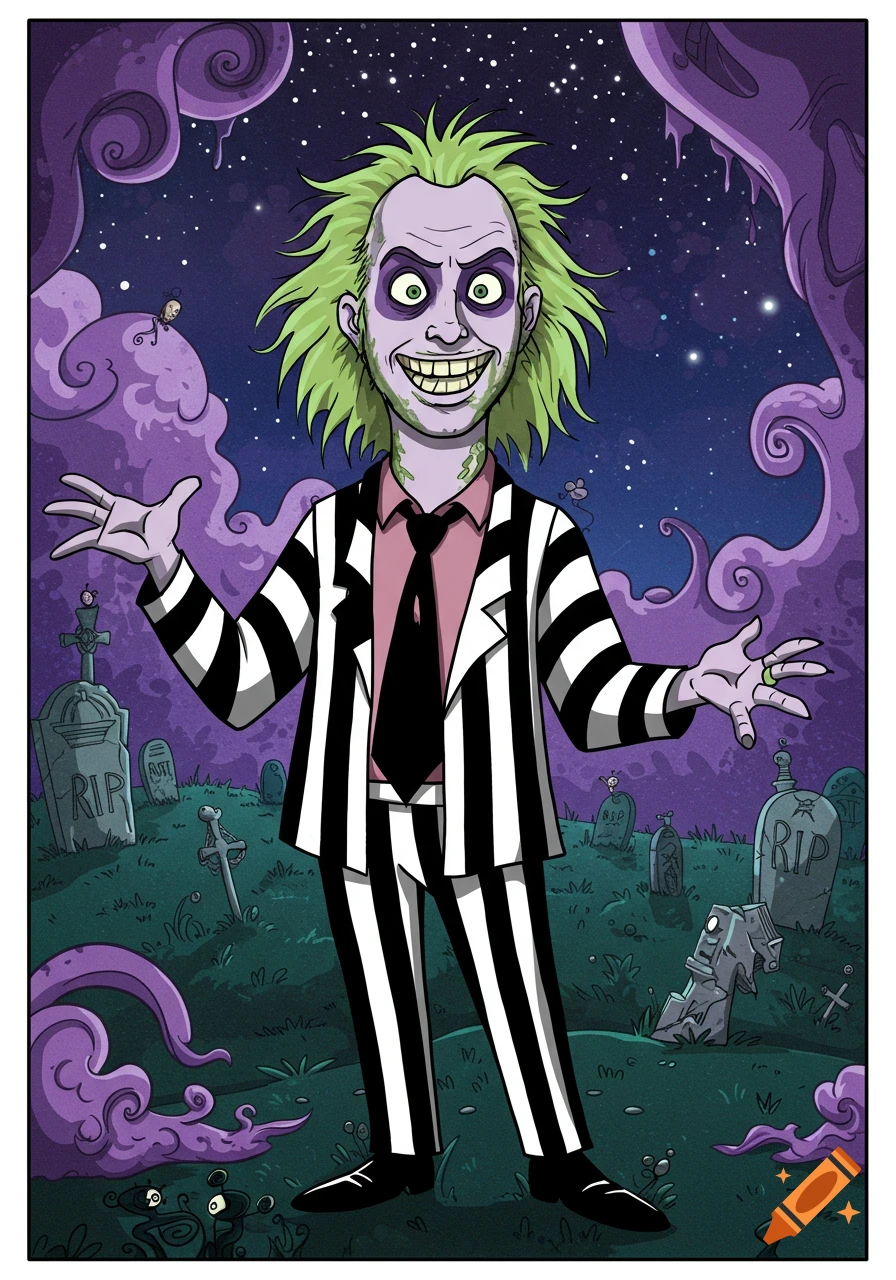 Cartoon illustration of Beetlejuice with green hair and a striped suit, standing in a spooky graveyard under a starry sky.