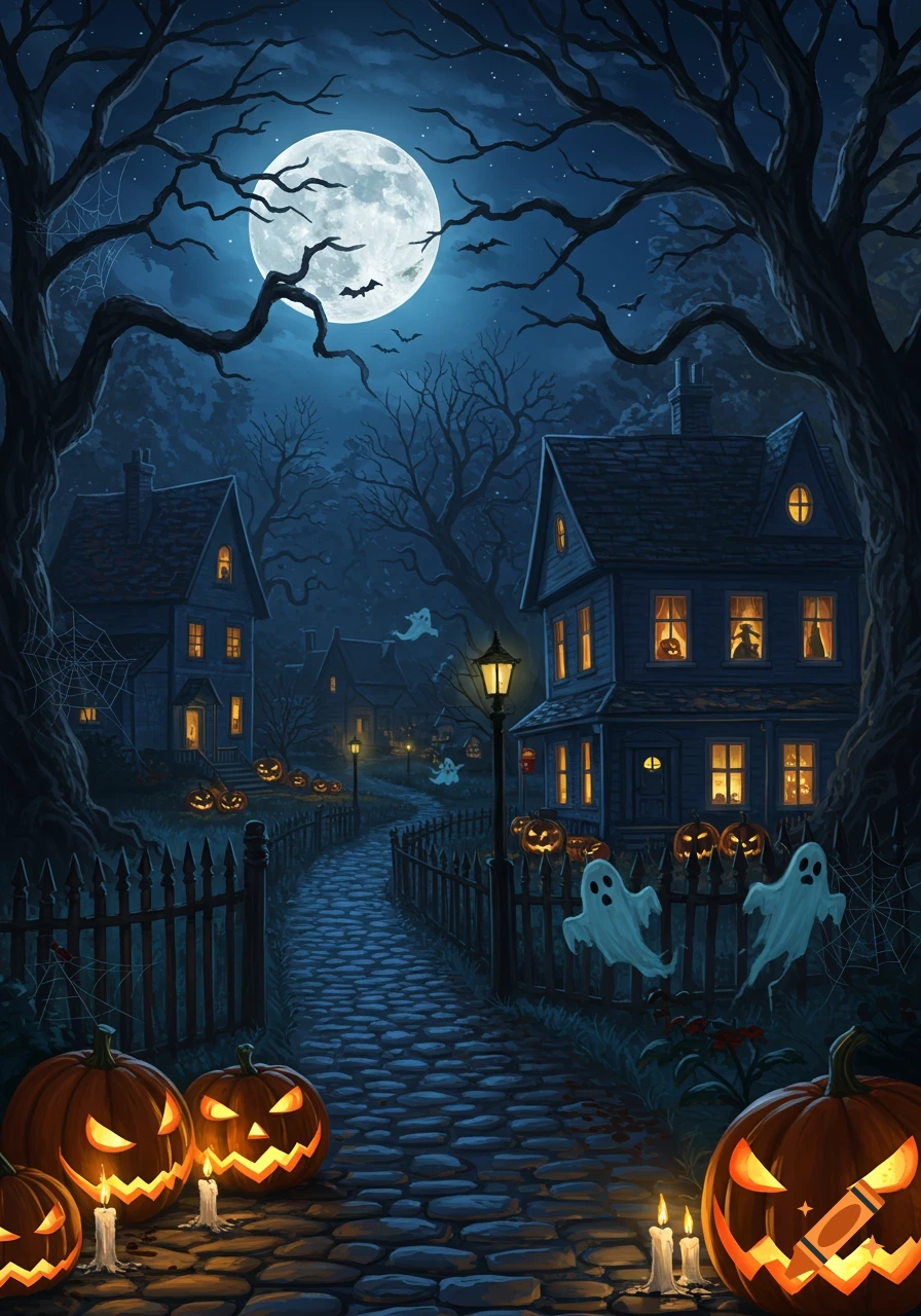 A moonlit Halloween night scene with a cobblestone path leading through a village of spooky houses, jack-o'-lanterns, and ghosts.