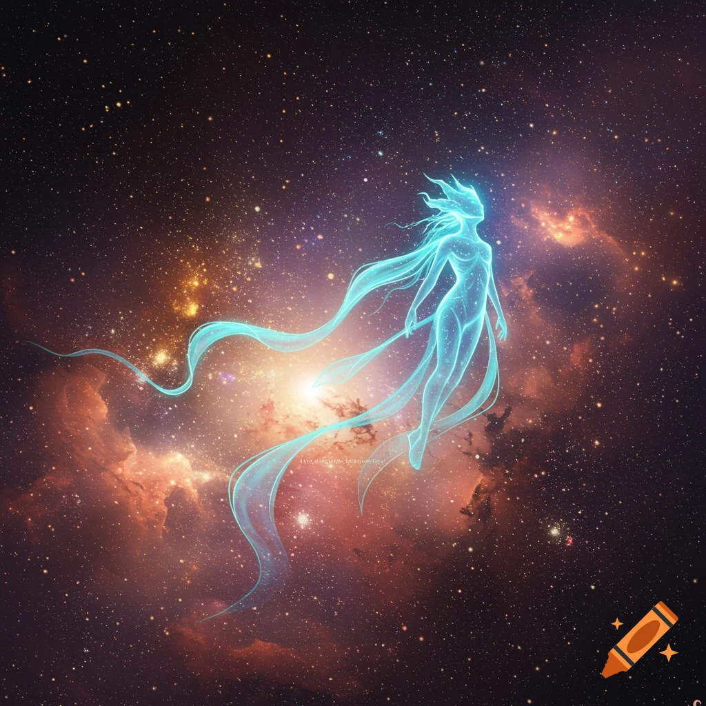 A glowing blue ethereal figure with flowing trails floats through deep space amidst vibrant orange and purple nebulae and stars.