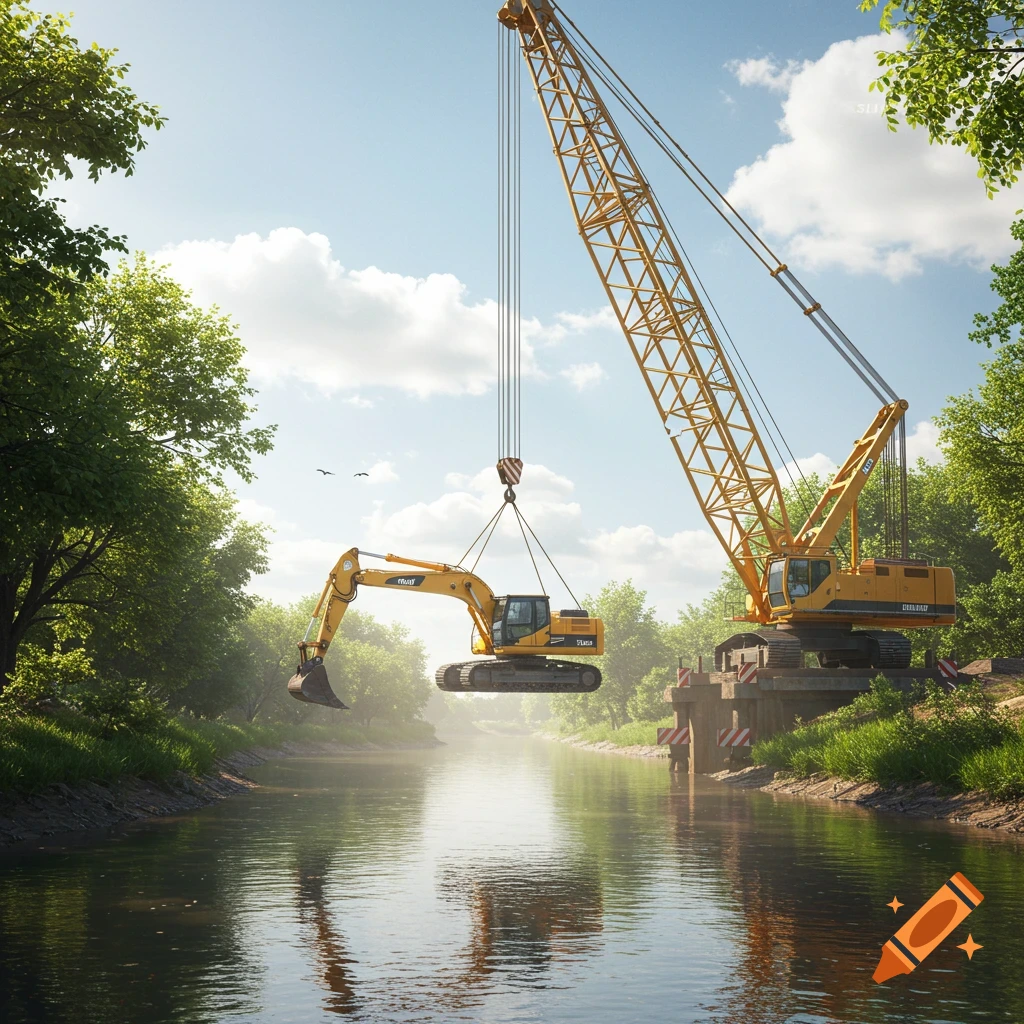 A large yellow crane lifts a yellow excavator over a river surrounded by green trees under a bright sky, photorealistic.