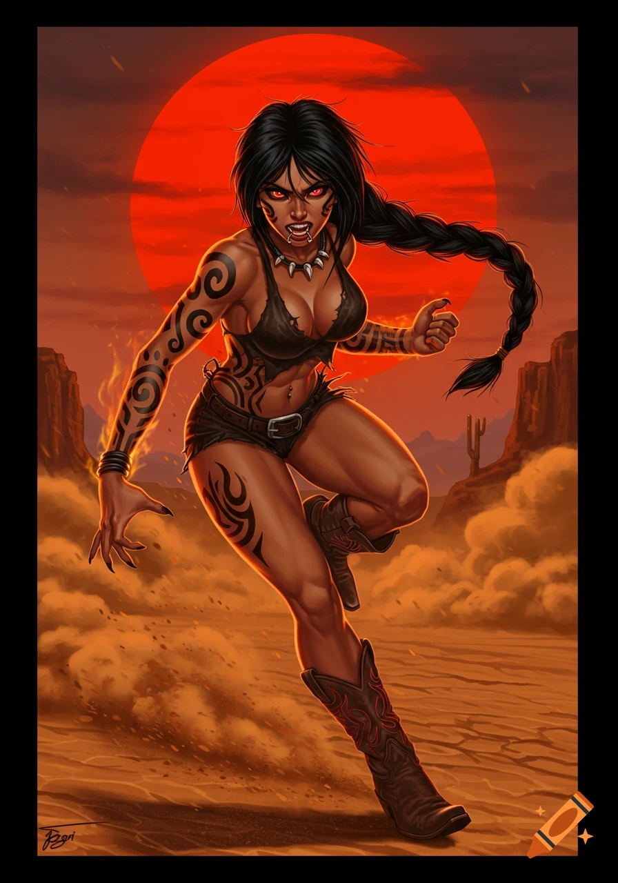 A fierce, tattooed woman with red eyes and fangs in a black bikini top and shorts, wearing cowboy boots, crouches in a fiery desert landscape.