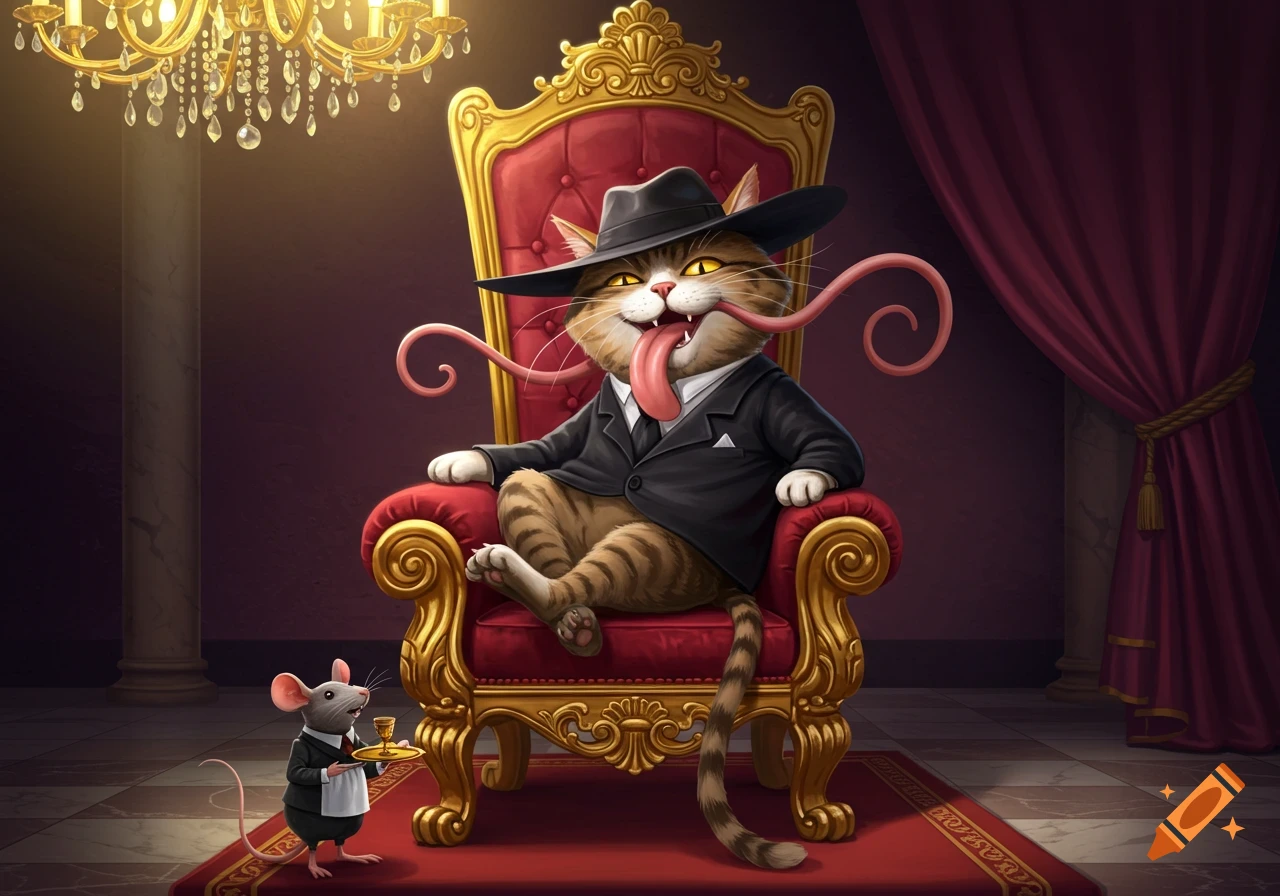 A cartoon cat in a suit and fedora sits on a golden throne with an extremely long tongue extended, while a mouse servant brings a drink.
