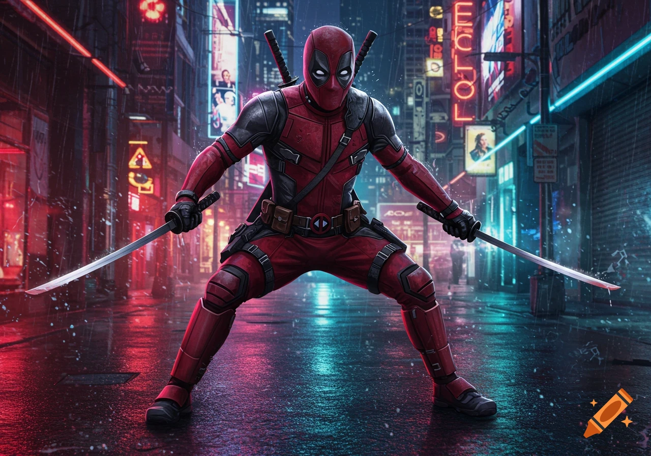 Deadpool stands in a dynamic pose holding two katanas in a vibrant, rainy cyberpunk city street with neon lights.