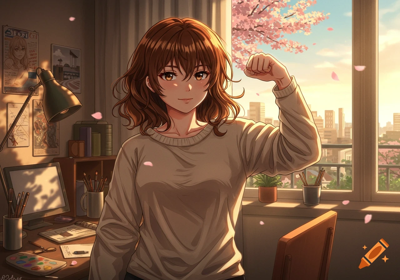 Anime girl with brown hair in a cozy artist studio, flexing her bicep. Sunlight streams through the window with cherry blossoms.